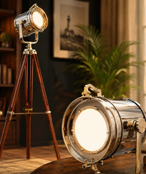 Nautical Chrome Spotlight Floor Lamp and Tabletop