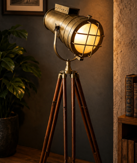 Vintage Nautical Studio Spotlight Tripod Lamp